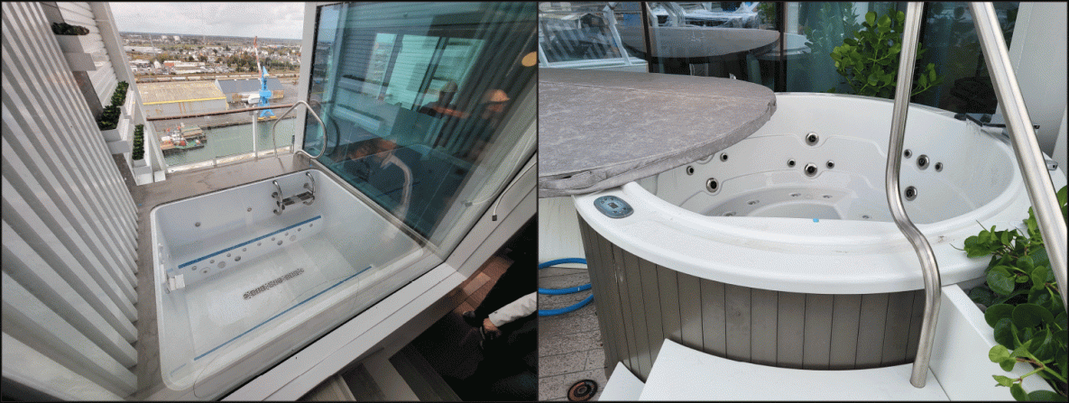 Two Outbreaks of Legionnaires Disease Associated with Outdoor Hot Tubs for Private Use — Two Cruise Ships, November 2022–July 2024 The figure contains two images of hot tubs associated with cases of Legionnaires disease located on balconies only accessible via private cruise ship cabins on two cruise ships during November 2022–July 2024.