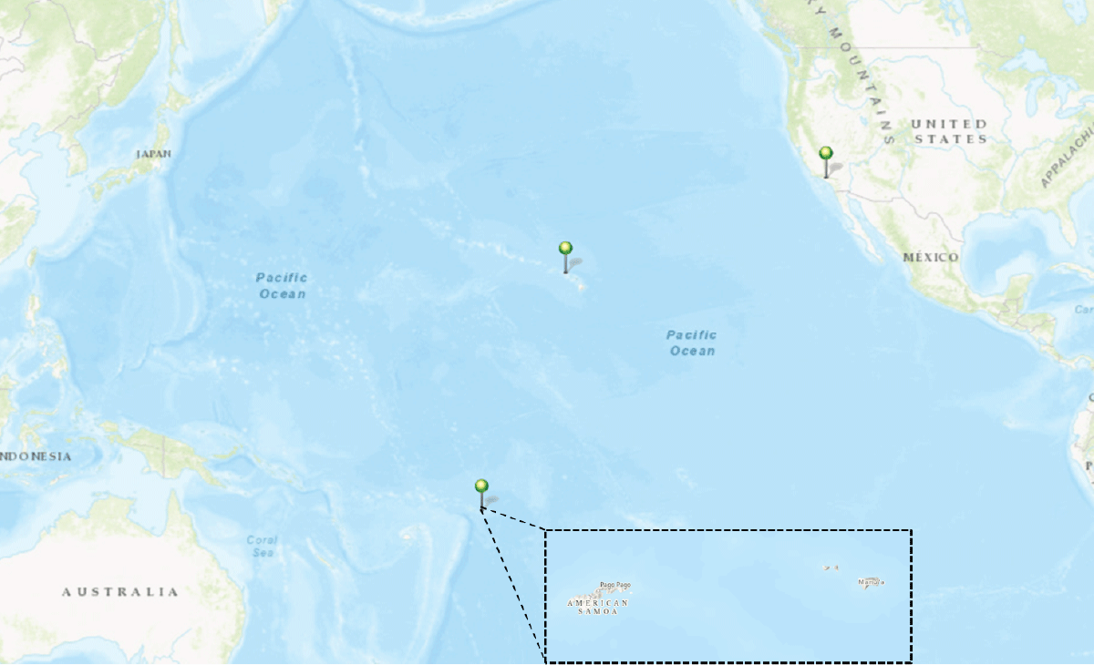 Pediatric Rash Illness Outbreak with Initial Positive Measles Immunoglobulin M Antibody Test Results — American Samoa, March–July 2023 The figure is a map of the geographic locations of American Samoa, Hawaii, and California where laboratory testing was performed for measles during a pediatric rash illness outbreak in American Samoa during March–July 2023.