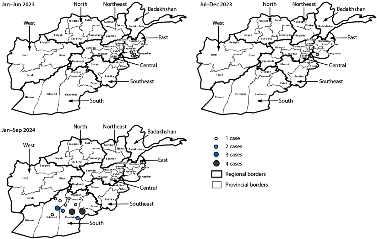 Progress Toward Poliomyelitis Eradication — Afghanistan, January 2023–September 2024 Figure is a map illustrating the reported cases of polio caused by wild poliovirus type 1 (N = 29), by region, province, and period in Afghanistan, during January 2023–September 2024.