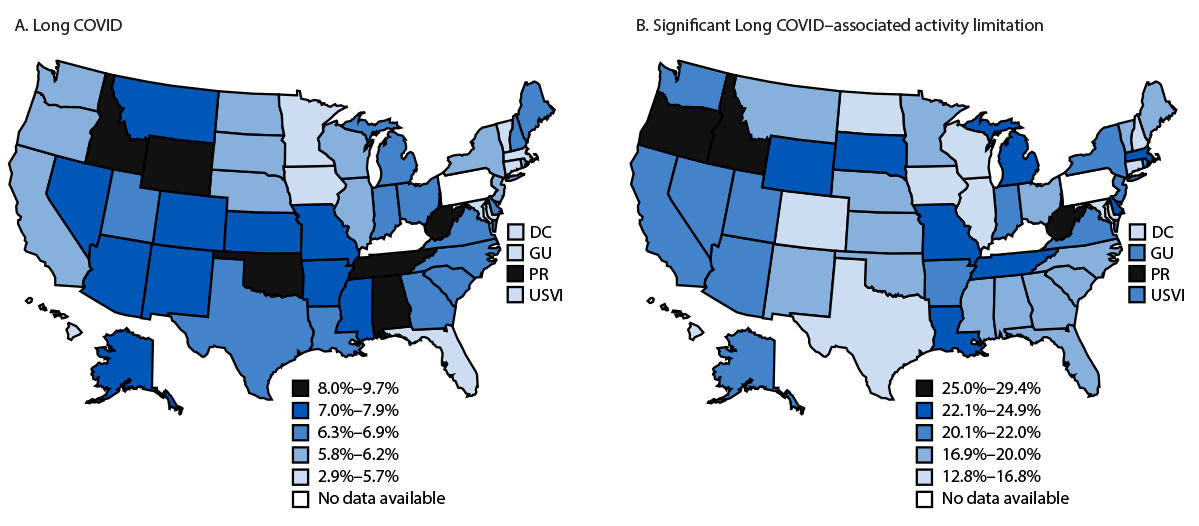 Notes from the Field: Long COVID and Significant Long COVID–Associated Activity Limitation Among Adults, by Jurisdiction — United States, 2023 The figure is a set of two maps. The first illustrates the prevalence of current Long COVID; the second illustrates prevalence of significant Long COVID–associated activity limitation among adults, by United States jurisdiction during 2023, using data from the Behavioral Risk Factor Surveillance System.