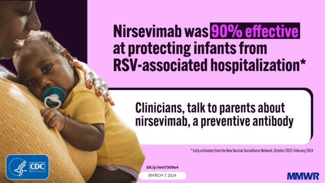 The figure is a photo of a person holding a baby with text about the effectiveness of Nirsevimab at preventing RSV-associated infant hospitalization.