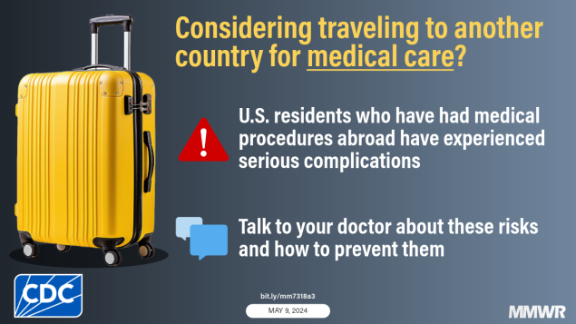 Notes from the Field: Potential Outbreak of Extrapulmonary Mycobacterium abscessus subspecies massiliense Infections from Stem Cell Treatment Clinics in Mexico The graphic shows a yellow suitcase with text about getting medical procedures abroad.