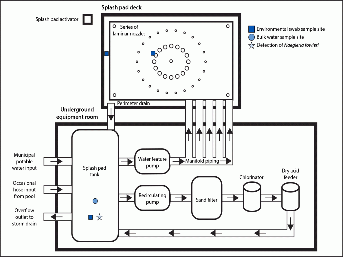 Fatal Case of Splash Pad–Associated Naegleria fowleri Meningoencephalitis — Pulaski County, Arkansas, September 2023 The figure is a schematic representation of the splash pad water system in Pulaski County, Arkansas, in September 2023.