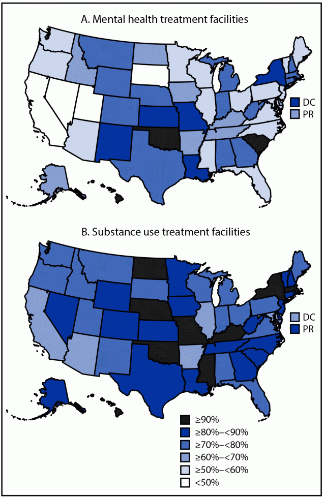 Tobacco-Related Clinical Services and Tobacco-Free Policies in Behavioral Health Treatment Facilities — United States, 2023 The figure comprises two U.S. maps indicating the percentage of behavioral health treatment facilities in 52 jurisdictions with a tobacco-free policy that offer at least one tobacco cessation service, by facility type, using data from the National Substance Use and Mental Health Services Survey, 2023.