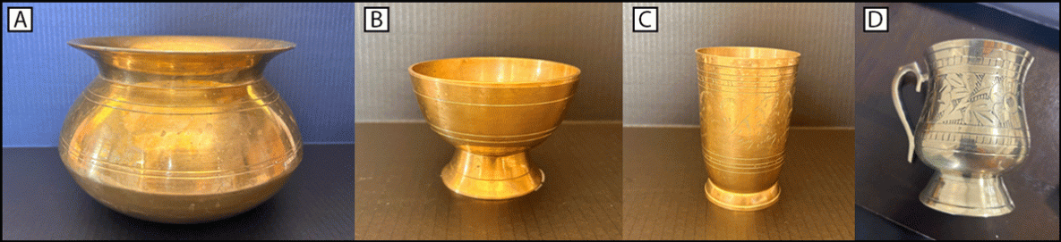 Elevated Blood Lead Levels in a Pregnant Woman and her Family from Traditional Kansa (Bronze) and Pital (Brass) Metalware — New York City, 2024 The figure is a set of four images showing kansa (bronze) and pital (brass) metalware used by three family members with elevated blood lead levels in New York City in 2024.