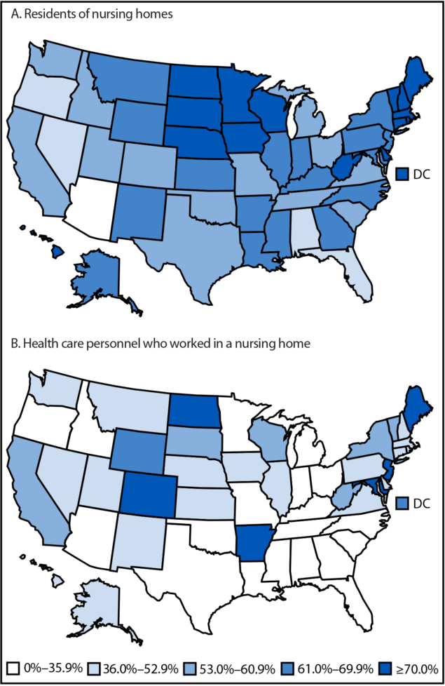 The figure comprises two U.S. maps illustrating pooled mean influenza vaccination coverage among residents of nursing homes and health care personnel who worked in nursing homes during the 2024-25 influenza season using data from the National Healthcare Safety Network.