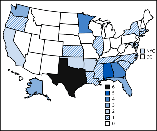 The figure is a U.S. map showing the location of 50 large tuberculosis outbreaks, by jurisdiction, during 2017&ndash;2023.