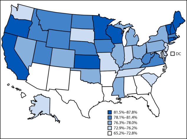 The figure is a map of the United States illustrating the percentage of births in the United States in 2024 in which women received prenatal care in the first trimester of pregnancy, by state.
