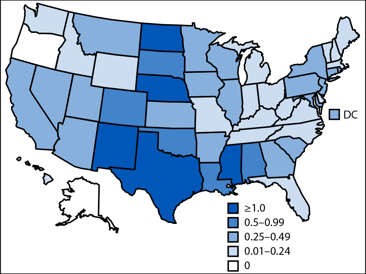 Figure is a map of the United States depicting incidence of confirmed and probable cases of neuroinvasive West Nile virus disease, by state in 2024.