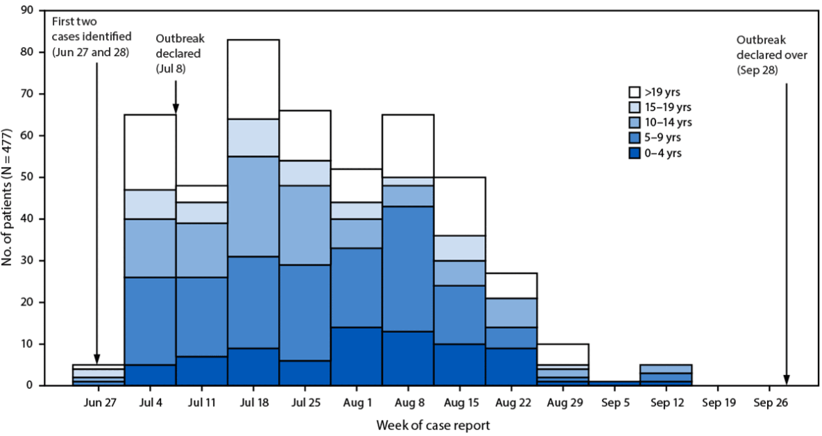 The figure is a bar graph illustrating the number of patients with laboratory-confirmed dengue, by age group and week of case report, during June 27&ndash;September 28, 2025, in Naoero.