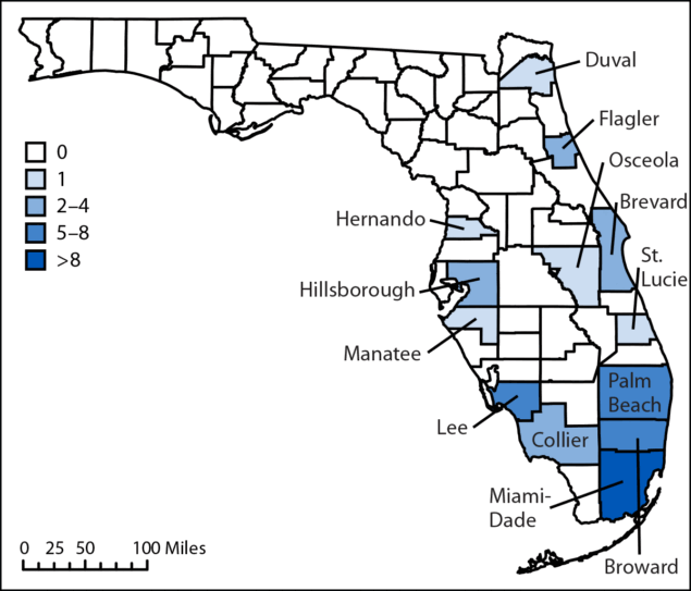 Hepatitis A Outbreak Associated with Cuba — Florida, June 2024–February 2026 The figure is a map of Florida showing the number of hepatitis A cases among Florida residents with a recent history of travel to Cuba, by county during June 2024–February 2026.