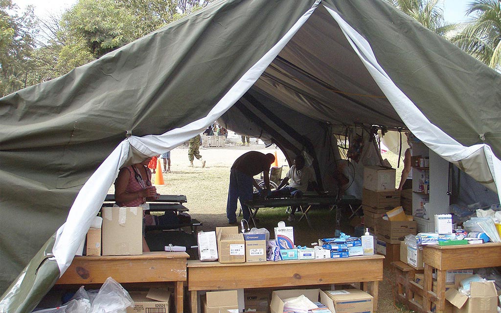 A medical treatment and supply tent.