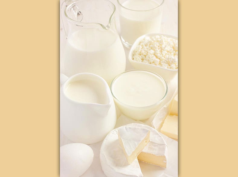 A collection of milk and cheeses.