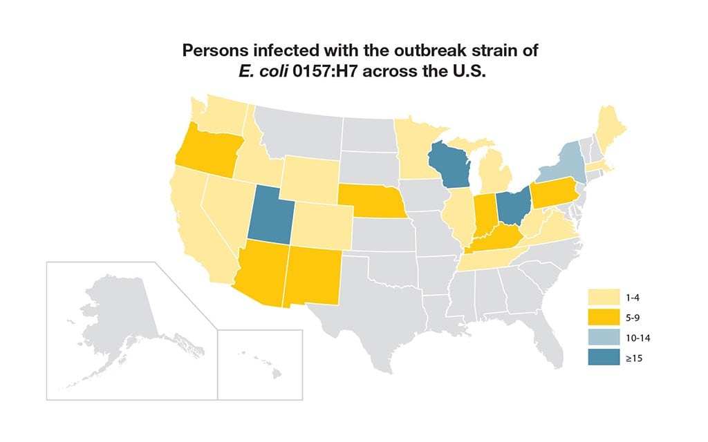 Map: Title: Persons infected with the outbreak strain of E. coli 0157:H7 across the United States. States with 1-4 infected: Washington, Idaho, Nevada, California, Wyoming, Colorado, Minnesota, Michigan, Illinois, Tennessee, Virginia, West Virginia, Massachusetts, Maine. States with 5-9 infected: Oregon, Arizona, New Mexico, Nebraska, Indiana, Kentucky, Pennsylvania. States with 10-14 infected: New York. States with over 15 or more infected: Utah, Wisconsin, Ohio. All other states have 0 infected or no data.