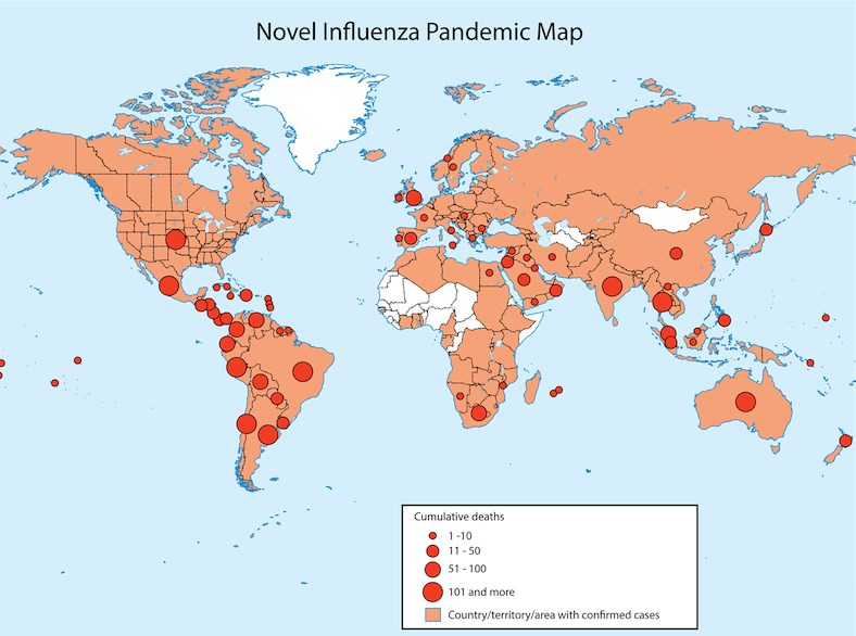 Novel influenza pandemic map. Legend, tiny red dot - 1-10 cumulative deaths, small red dot - 11-50 cumulative deaths, medium red dot 51-100 cumulative deaths, large red dot 101 and more cumulative deaths. Peach country/territory/area with confirmed cases. Australia, British isles, Mexico, Brazil 101 and more cumulative deaths.