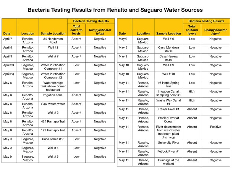 Table: Title: Bacteria Testing Results from Renalto and Saguaro Water Sources. Data by date with information on location, sample location, coliform levels, and Campylobacter jejuni bacteria testing results. April 7, Renalto, Arizona, 34 Henderson Road, absent coliform levels, negative Campylobacter jejuni test; April 9, Renalto, Arizona, Well #3, absent coliform levels, negative Campylobacter jejuni test; April 9, Renalto, Arizona, Well #7, absent coliform levels, negative Campylobacter jejuni test; April 23, Saguaro, Mexico, Water Purification Company #1, low coliform levels, negative Campylobacter jejuni test; April 23, Saguaro, Mexico, Water Purification Company #2, low coliform levels, negative Campylobacter jejuni test; May 8, Renalto, Arizona, Water storage tank above corner restaurant, low coliform levels, negative Campylobacter jejuni test; May 8, Renalto, Arizona, Irrigation canal, absent coliform levels, negative Campylobacter jejuni test; May 8, Renalto, Arizona, Raw waste water, absent coliform levels, negative Campylobacter jejuni test; May 8, Renalto, Arizona, Well #2, absent coliform levels, negative Campylobacter jejuni test; May 8, Renalto, Arizona, 424 Ramapo Trail, absent coliform levels, negative Campylobacter jejuni test; May 8, Renalto, Arizona, 122 Ramapo Trail, absent coliform levels, negative Campylobacter jejuni test; May 9, Saguaro, Mexico, Casa Torres #86, low coliform levels, negative Campylobacter jejuni test; May 9, Saguaro, Mexico, Well #4, low coliform levels, negative Campylobacter jejuni test; May 9, Saguaro, Mexico, Well #5, low coliform levels, negative Campylobacter jejuni test; May 9, Saguaro, Mexico, Well #6, low coliform levels, negative Campylobacter jejuni test; May 9, Saguaro, Mexico, Casa Mendoza #436, low coliform levels, negative Campylobacter jejuni test; May 9, Saguaro, Mexico, Casa Herrera #440, low coliform levels, negative Campylobacter jejuni test; May 10, Saguaro, Mexico, Well #9, low coliform levels, negative Campylobacter jejuni test; May 10, Saguaro, Mexico, Well #10, low coliform levels, negative Campylobacter jejuni test; May 11, Renalto, Arizona, 16 Hope Spring Trail, low coliform levels, negative Campylobacter jejuni test; May 11, Renalto, Arizona, Irrigation Canal, sampling point #1, high coliform levels, negative Campylobacter jejuni test; May 11, Renalto, Arizona, Waste Way Canal #1, high coliform levels, negative Campylobacter jejuni test; May 11, Renalto, Arizona, Frasier River #1, absent coliform levels, negative Campylobacter jejuni test; May 11, Renalto, Arizona, Frasier River at Ocean, absent coliform levels, negative Campylobacter jejuni test; May 11, Renalto, Arizona, River downstream from wastewater treatment plant discharge, absent coliform levels, positive Campylobacter jejuni test; May 11, Renalto, Arizona, University River, absent coliform levels, negative Campylobacter jejuni test; May 11, Renalto, Arizona, Fetlock River #1, absent coliform levels, negative Campylobacter jejuni test; May 11, Renalto, Arizona, Drainage at the wetland, absent coliform levels, negative Campylobacter jejuni test.