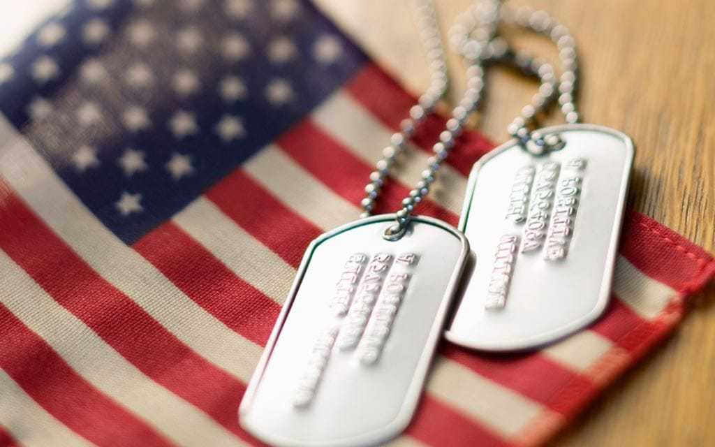 American flag and military dog-tags.