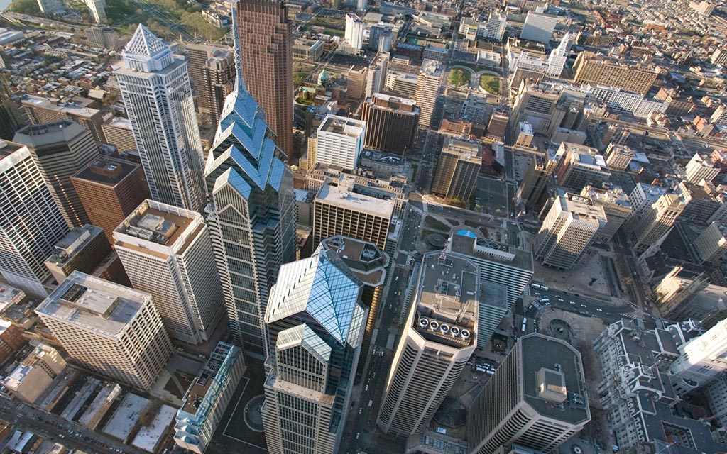 Arial view of downtown Philadelphia, PA.