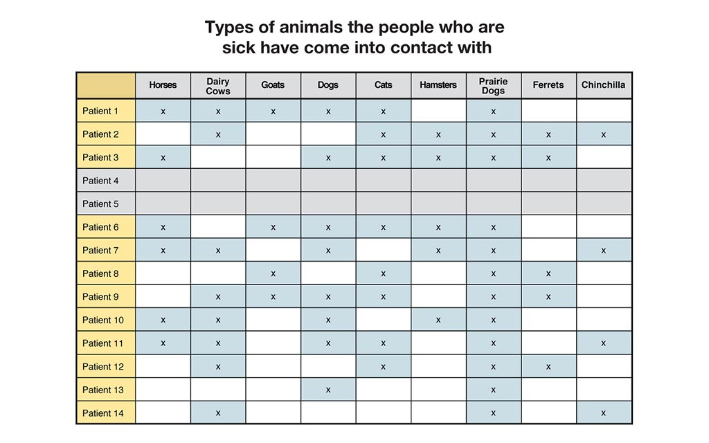 Types of animals the people who are sick have come in contact with. Patient 1 - horses, dairy cows, goats, dogs, cats, prairie dogs. Patient 2, dairy cows, cats, hamsters, prairie dogs, ferrets, chinchilla. Patient 3, horses, dogs, cats, hamsters, prairie dogs, ferrets. Patients 4 and 5 have had no contact with animals. Patient 6, horses, goats, dogs, cats, hamsters, prairie dogs. Patient 7, horses, dairy cows, dogs, hamsters, prairie dogs, chinchilla,. Patient 8, goats, cats, prairie dogs, ferrets. Patient 9, dairy cows, goats, dogs, cats, prairie dogs, ferrets. Patient 10, horses, dairy cows, dogs, hamsters, prairie dogs. Patient 11, horses, dairy cows, dogs, cats, prairie dogs, chinchilla. Patient 12, dairy cows, cats, prairie dogs, ferrets. Patient 13, dogs, prairie dogs. Patient 14, dairy cows, prairie dogs, chinchilla.  
