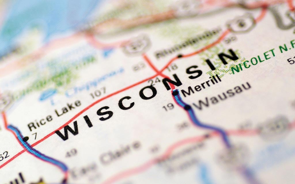 A map showing the state of Wisconsin.