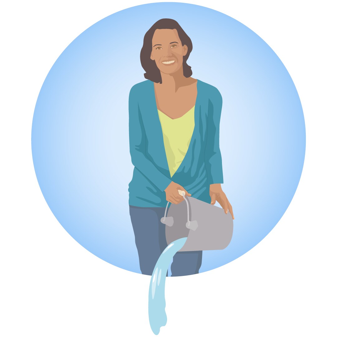 Illustration of a woman dumping standing water out of a bucket where mosquitoes lay eggs.