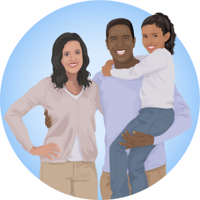Illustration of a family taking steps to prevent bites by wearing long-sleeved shirts and long pants.