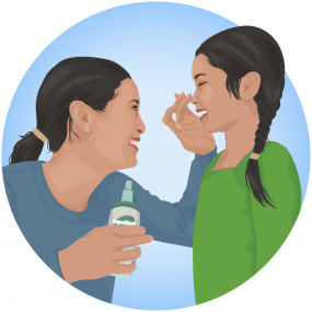 Illustration of a woman applying insect repellent to a child’s face.