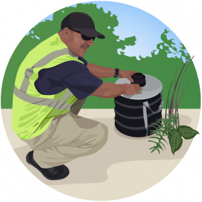 Illustration of a mosquito control professional checking a mosquito trap.