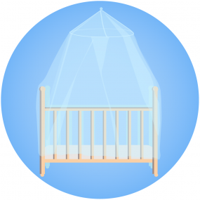 Illustration of a mosquito net hung over a crib.