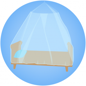 Illustration of a mosquito net hung above a bed.