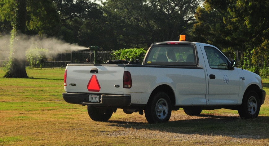 Mosquito control truck spraying insecticides into the air. Photo courtesy of Ed Freytag, City of New Orleans Mosquito & Termite Control Board.
