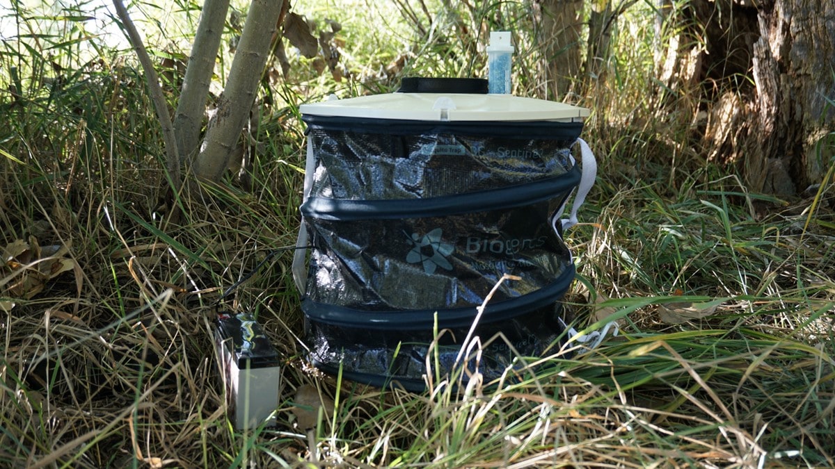 Photo of a BG Sentinel trap for collecting mosquitoes placed in a field of grass.