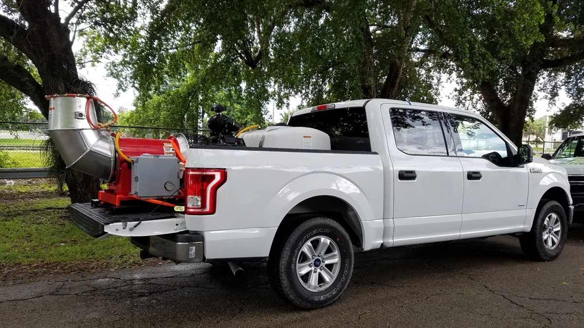 A truck with a sprayer called a Buffalo turbine is used by mosquito control professionals to apply insecticides or larvicides.