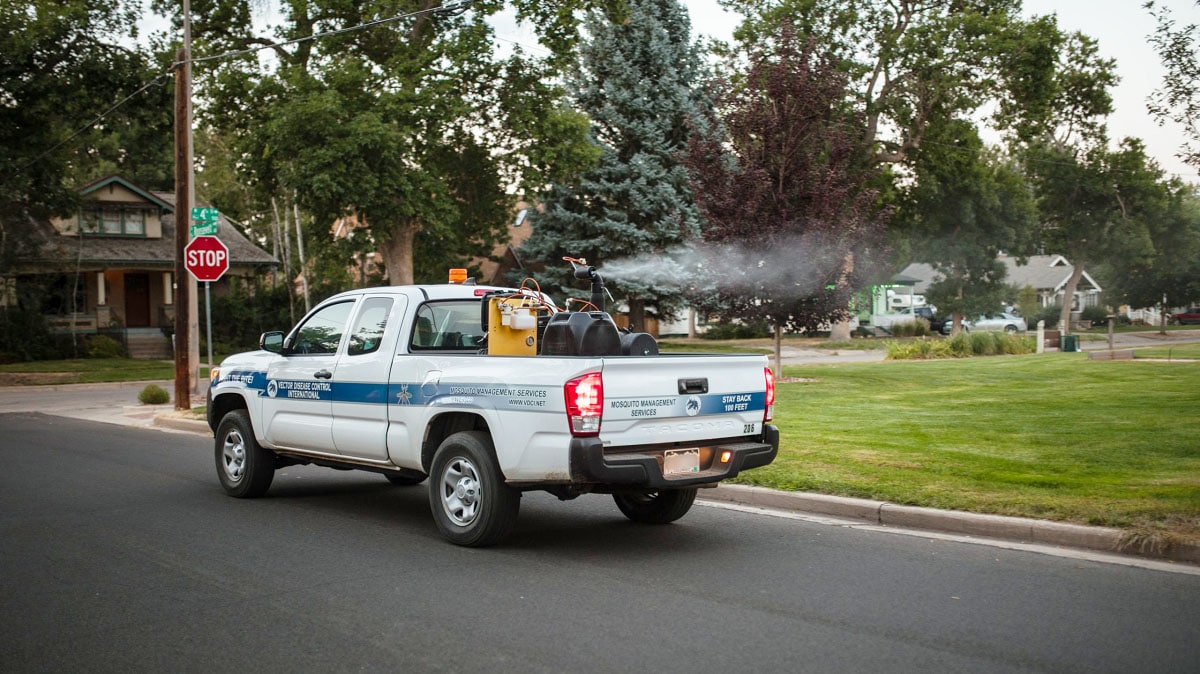 Truck mounted ultra-low volume sprayer in action.