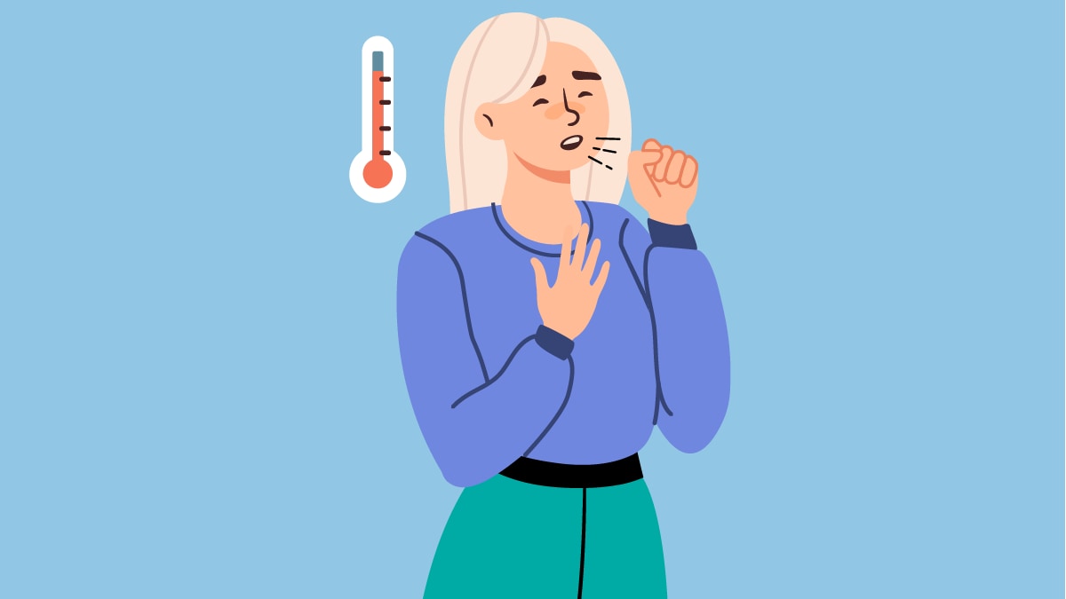 Women coughing with a thermometer indicating a fever