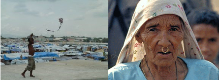 cdcwork01 Left: Young boy flying a kite in refugee camp. Right: Older female refugee.