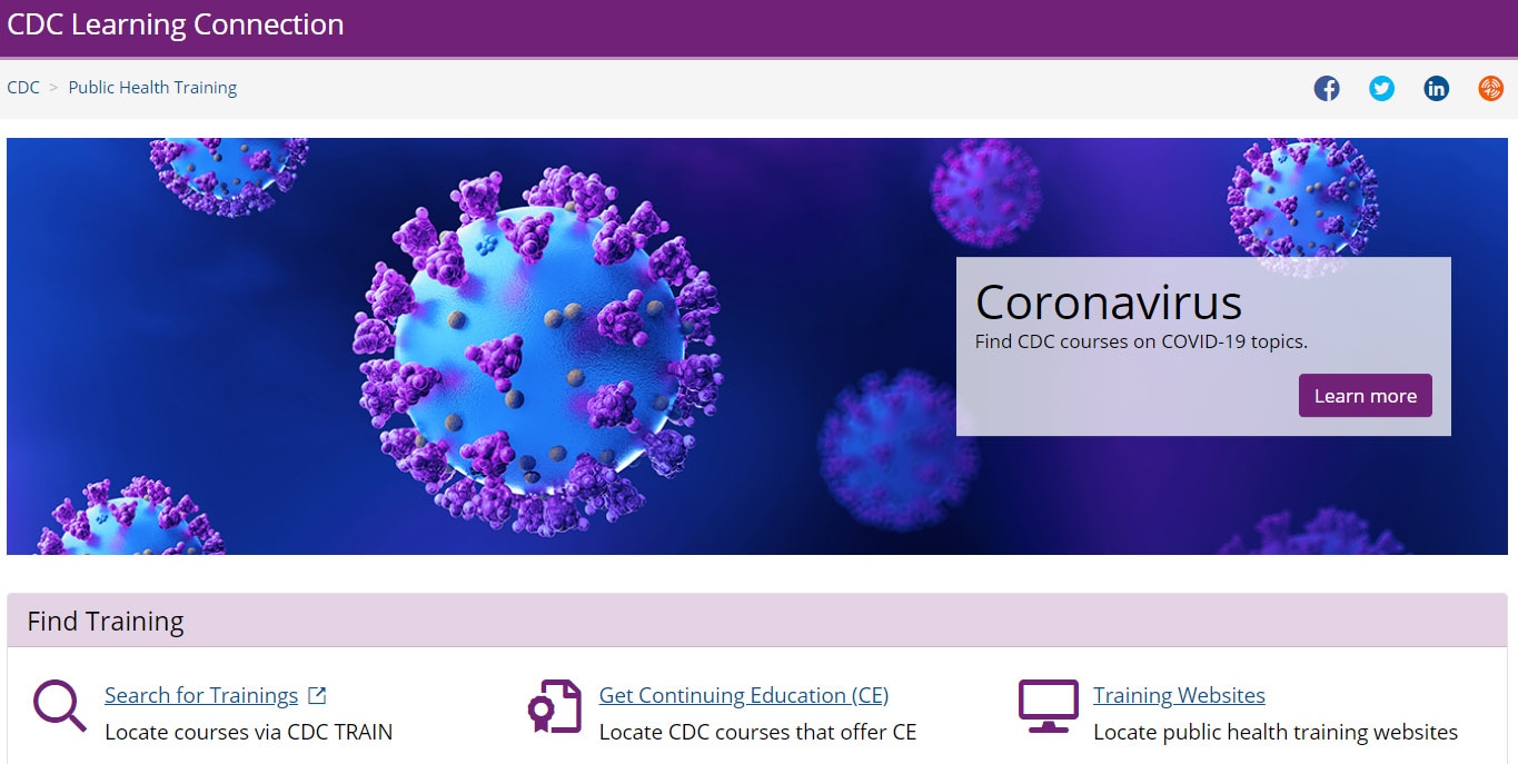 Graphic header of a Centers for Disease Control and Prevention website that provides Coronavirus information for physicians related to refugees. The header has a purple background and has several images of viruses on the purple background.
