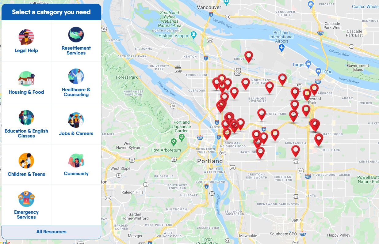 Image of a map showing refugee resources available in an area. On the left of the image is a list of options including legal help, resettlement services,housing and food,  healthcare and counseling, education and English classes, jobs and careers, children and teens, community, and emergency services. To the right is the map with red location icons denoting where the services can be found.