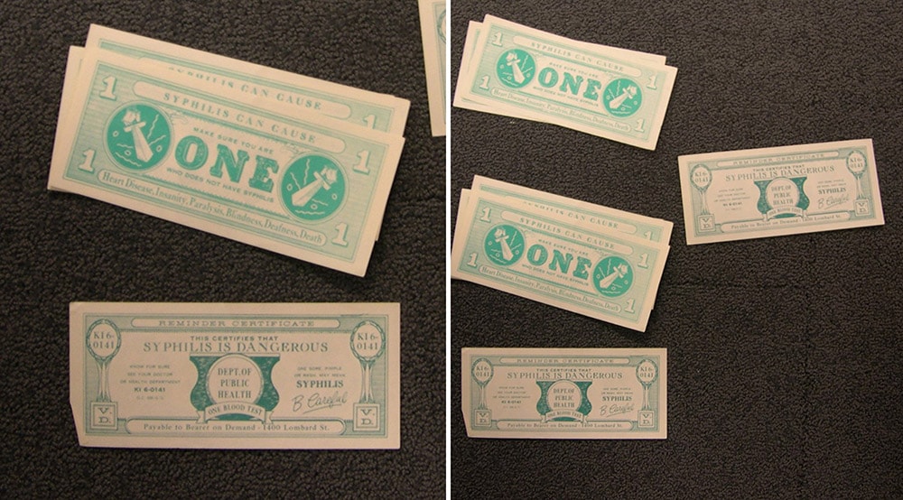 Paper items depicting money, called Syphilis Bucks. 