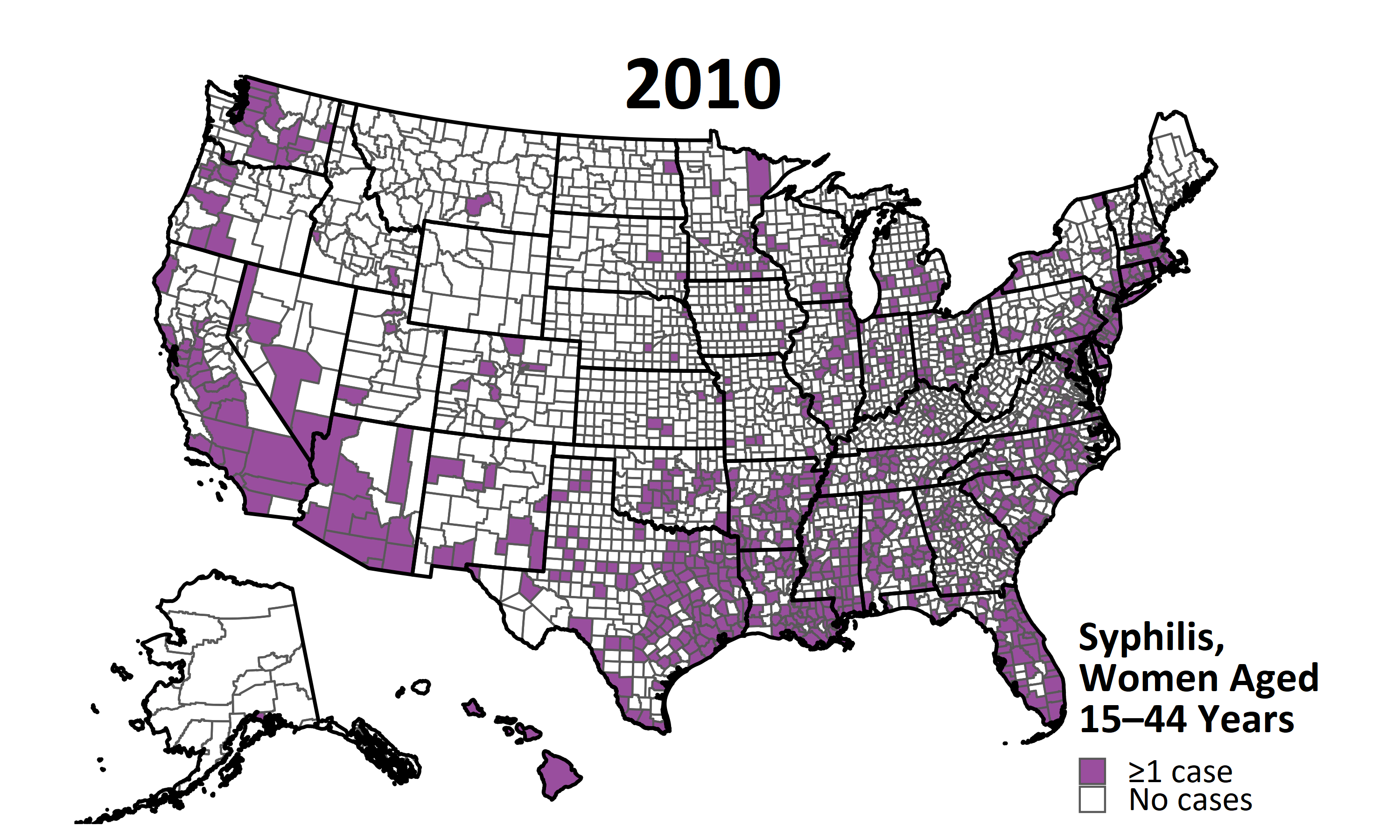 US map of Syphilis cases in women from 2010-2019