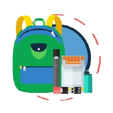 A cartoon icon of a school backpack and a variety of tobacco devices and products (i.e., vape pen, USB vape device)