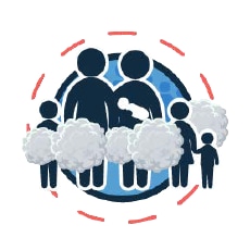 A cartoon icon of a family of 6 (two adults, two children, one toddler, and one baby) with smoke around them.