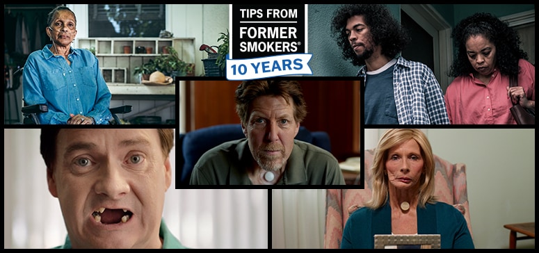 Five images of former smokers showing side effects of smoking (i.e., tooth loss, trachea, oxygen use, etc.).