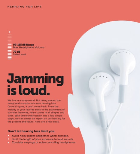 Jamming is Loud poster. Image shows a partial silhouette of a human head with a pair of earbuds on top. The text indicates that the safe volume level is 70 dB, but most headphones have a max volume of 92-115 dB and warns against exposure to loud noises.