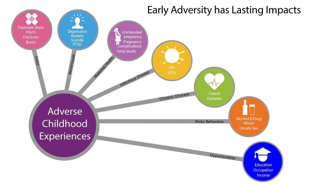 intro02 Early adversity has lasting impacts on the future, include impacts leading to injury, poor mental health, poor maternal health, infectious disease, chronic disease, risky behaviors, and reduced opportunities.