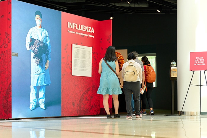 people walking in front of influenza exhibit