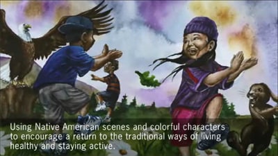 Photo of Exhibit: Using Native American scenes and colorful characters to encourage a return to the traditional ways of living healthy and staying active.