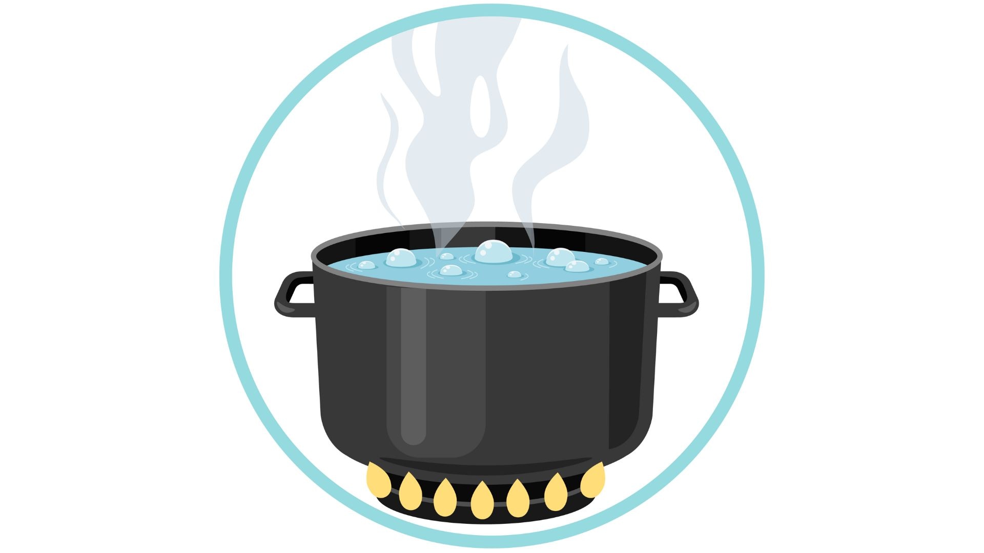 Illustration of a pot of boiling water over a flame.