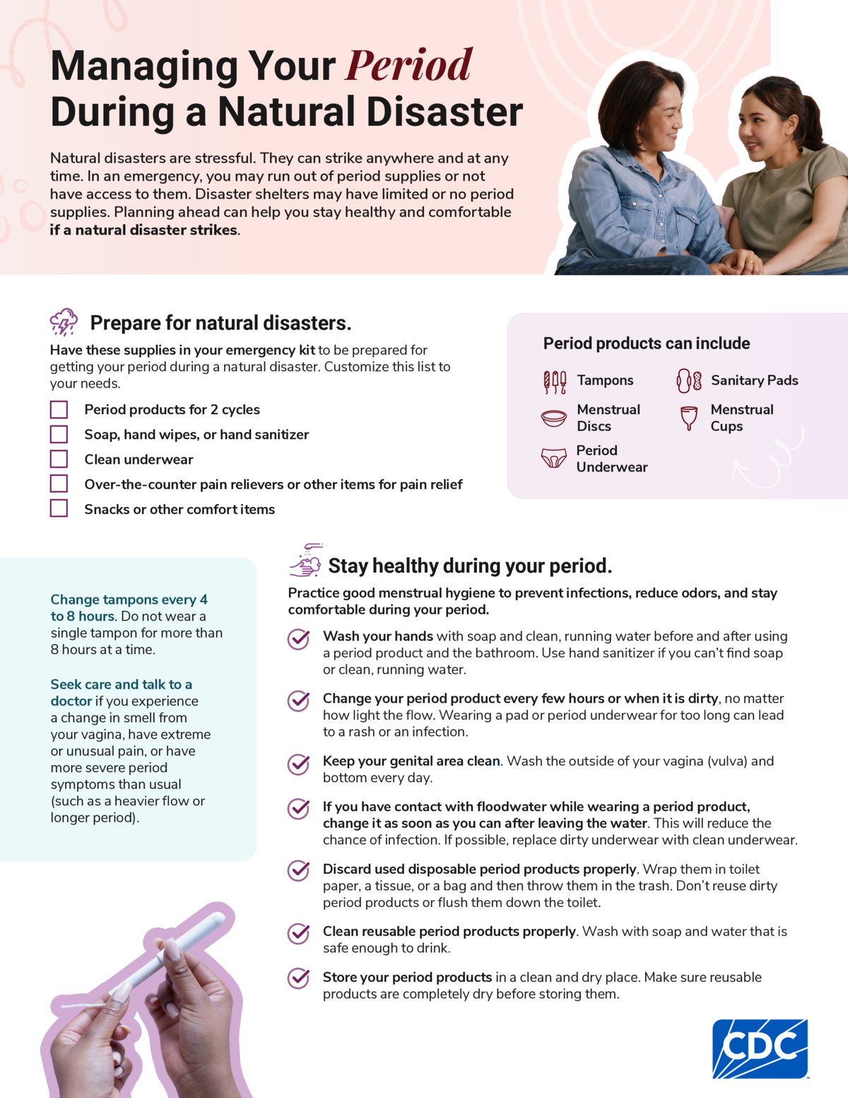 Screenshot of the first page of "Managing Your Period During a Natural Disaster Factsheet"
