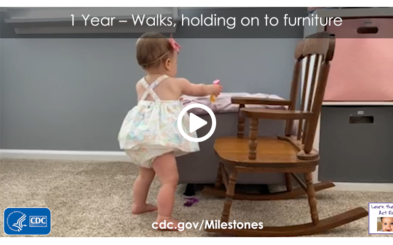 Walks, holding on to furniture